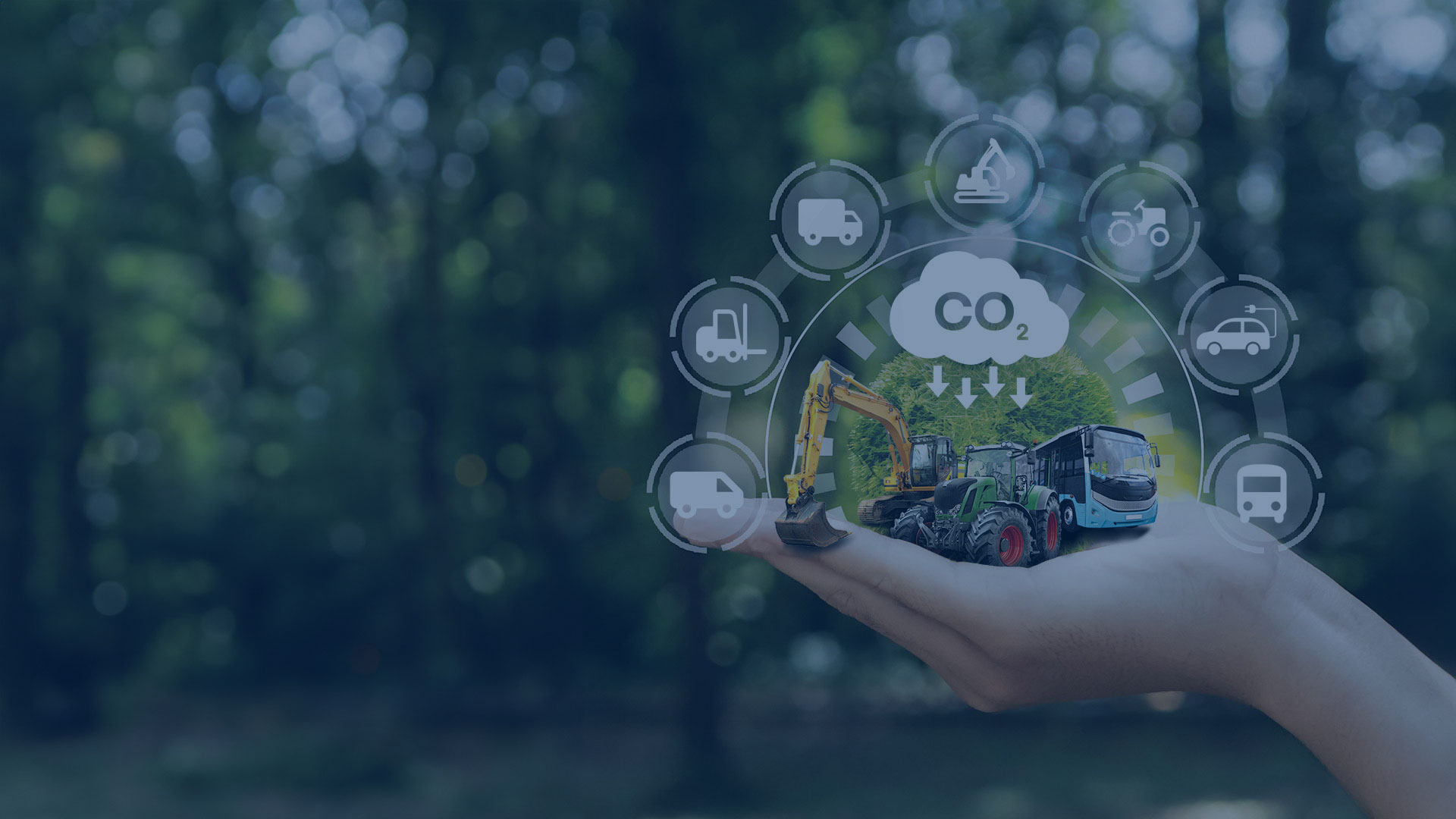 Carbon footprint background. Hand holding a crawler excavator, a tractor and a bus.
