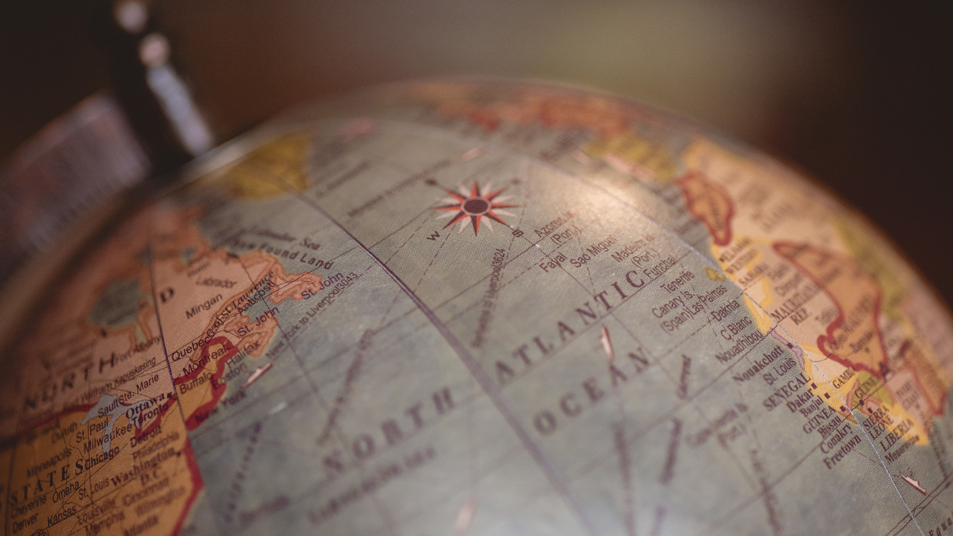 Globe over North Atlantic Ocean.